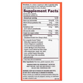 Thành phần vi chất của Reserveage Nutrition Keratin Hair Booster with Biotin & Resveratrol 60 Capsules 094922015709