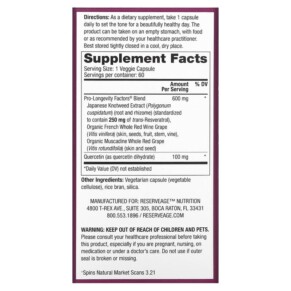 Thành phần vi chất của Reserveage Nutrition Resveratrol 250 mg 60 Veggie Capsules 094922978622