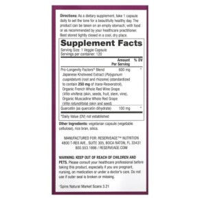 Thành phần vi chất của Reserveage Nutrition Resveratrol Trans-Resveratrol 250 mg 120 Veggie Capsules 094922002815