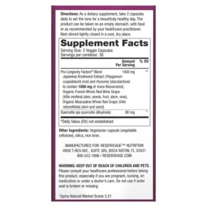 Thành phần vi chất của Reserveage Nutrition Resveratrol Trans-Resveratrol 500 mg 60 Veggie Capsules 835552001560