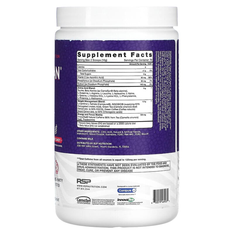 RSP Nutrition AminoLean Grape Candy 24.69 oz (700 g) 2 Thành phần vi chất của RSP Nutrition AminoLean Grape Candy 24.69 oz (700 g) 850019469035