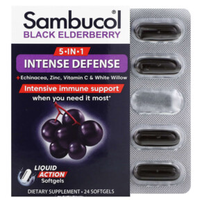 Thực phẩm chức năng Sambucol 5-In-1 Intense Defense + Echinacea Zinc Vitamin C & White Willow Black Elderberry 24 Softgels 896116001280