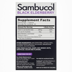 Thành phần vi chất của Sambucol Black Elderberry Capsules Advanced Immune + Vitamin C + Zinc 30 Capsules 896116001624