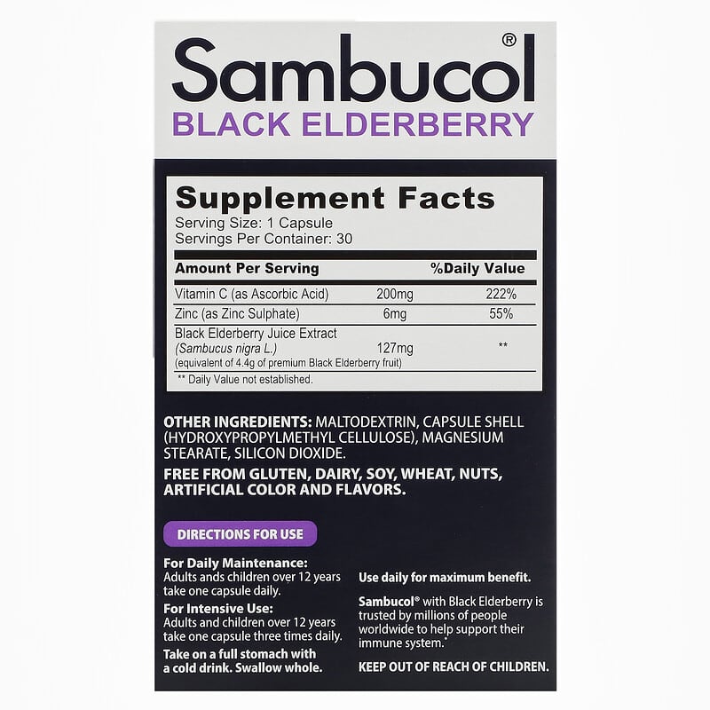 Sambucol Black Elderberry Capsules Advanced Immune + Vitamin C + Zinc 30 Capsules 2 Thành phần vi chất của Sambucol Black Elderberry Capsules Advanced Immune + Vitamin C + Zinc 30 Capsules 896116001624