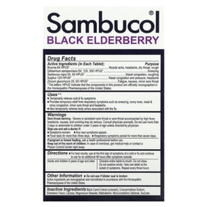 Thành phần vi chất của Sambucol Black Elderberry Cold & Flu Relief 30 Quick Dissolve Tablets 896116001501