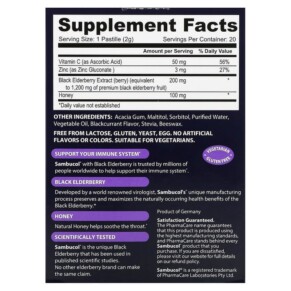Thành phần vi chất của Sambucol Black Elderberry Throat Lozenge with Honey 20 Pastilles 896116001204