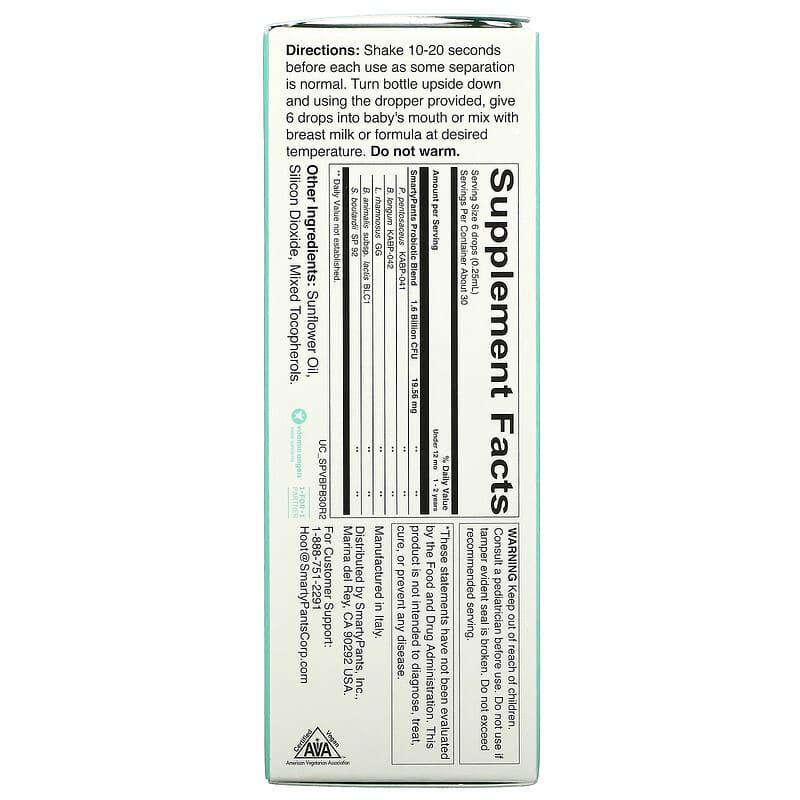 SmartyPants Baby Probiotic 0-24 Months Unflavored 0.27 fl oz (8 ml) 2 Thành phần vi chất của SmartyPants Baby Probiotic 0-24 Months Unflavored 0.27 fl oz (8 ml) 817053023456