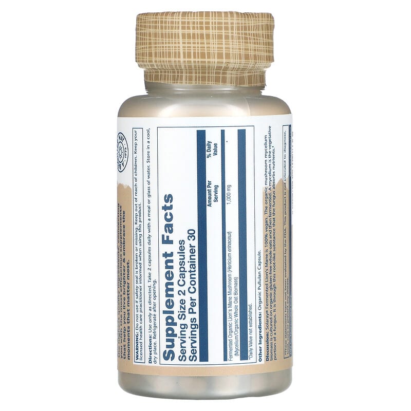 Solaray Organic Fermented Lion's Mane 500 mg 60 Organic Capsules 2 Thành phần vi chất của Solaray Organic Fermented Lion's Mane 500 mg 60 Organic Capsules 076280719833