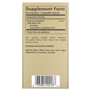 Thành phần vi chất của Solgar Advanced Acidophilus 100 Vegetable Capsules 033984000186