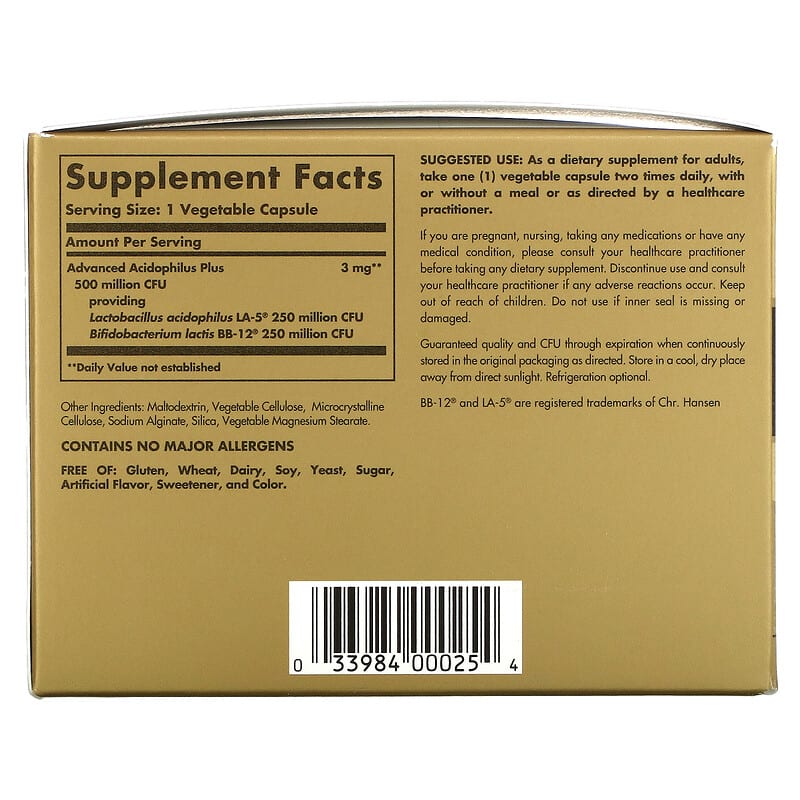 Solgar Advanced Acidophilus Plus 120 Vegetable Capsules 2 Thành phần vi chất của Solgar Advanced Acidophilus Plus 120 Vegetable Capsules 033984000254