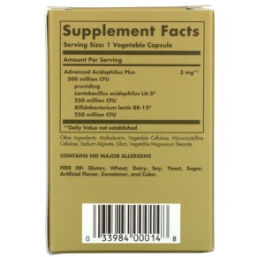 Thành phần vi chất của Solgar Advanced Acidophilus Plus 60 Vegetable Capsules 033984000148