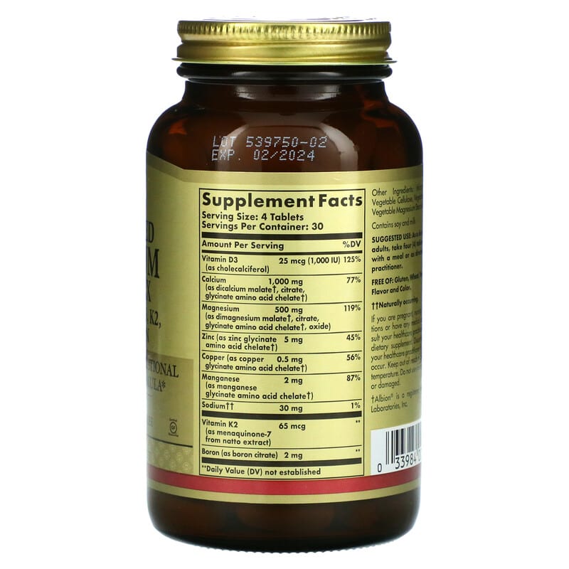 Solgar Advanced Calcium Complex + Vitamins D3 K2 Zinc Boron 120 Tablets 2 Thành phần vi chất của Solgar Advanced Calcium Complex + Vitamins D3 K2 Zinc Boron 120 Tablets 033984000285