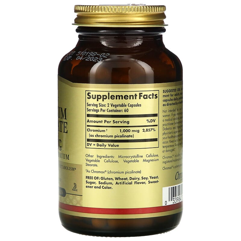 Solgar Chromium Picolinate 500 mcg 120 Vegetable Capsules 2 Thành phần vi chất của Solgar Chromium Picolinate 500 mcg 120 Vegetable Capsules 033984008724