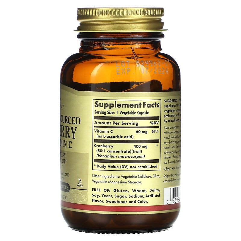 Solgar Cranberry with Vitamin C Naturally Sourced 60 Vegetable Capsules 2 Thành phần vi chất của Solgar Cranberry with Vitamin C Naturally Sourced 60 Vegetable Capsules 033984009554