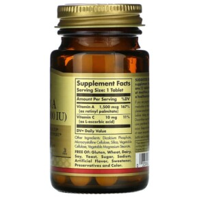 Thành phần vi chất của Solgar Dry Vitamin A 1.500 mcg (5.000 IU) 100 Tablets 033984028203