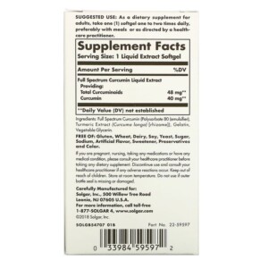 Thành phần vi chất của Solgar Full Spectrum Curcumin 30 Liquid Extract Softgels 033984595972