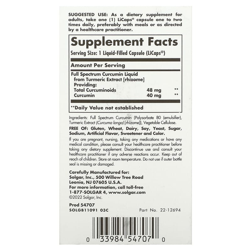 Solgar Full Spectrum Curcumin 60 Licaps 2 Thành phần vi chất của Solgar Full Spectrum Curcumin 60 Licaps 033984547070