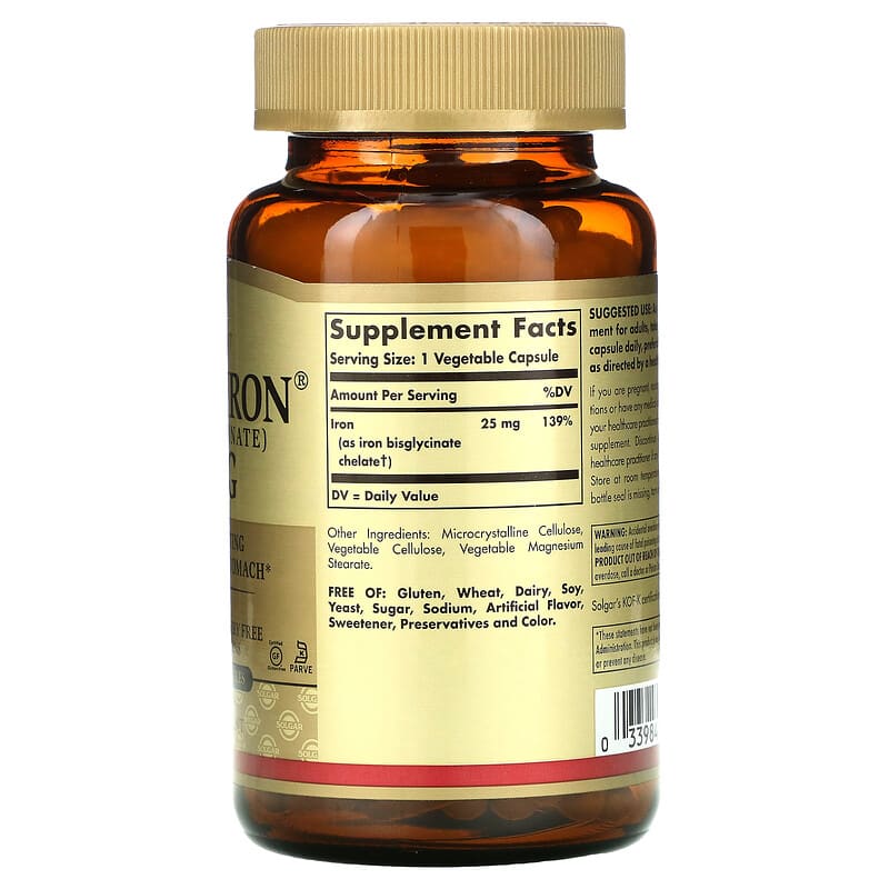 Solgar Gentle Iron 25 mg 180 Vegetable Capsules 2 Thành phần vi chất của Solgar Gentle Iron 25 mg 180 Vegetable Capsules 033984012509