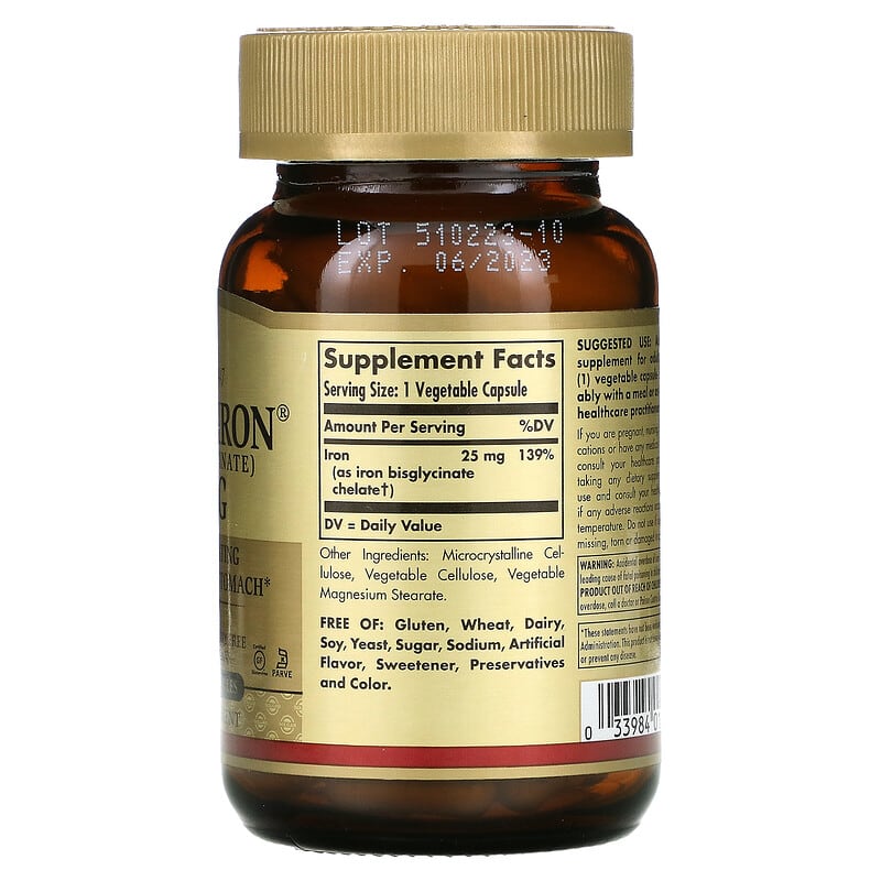 Solgar Gentle Iron 25 mg 90 Vegetable Capsules 2 Thành phần vi chất của Solgar Gentle Iron 25 mg 90 Vegetable Capsules 033984012493