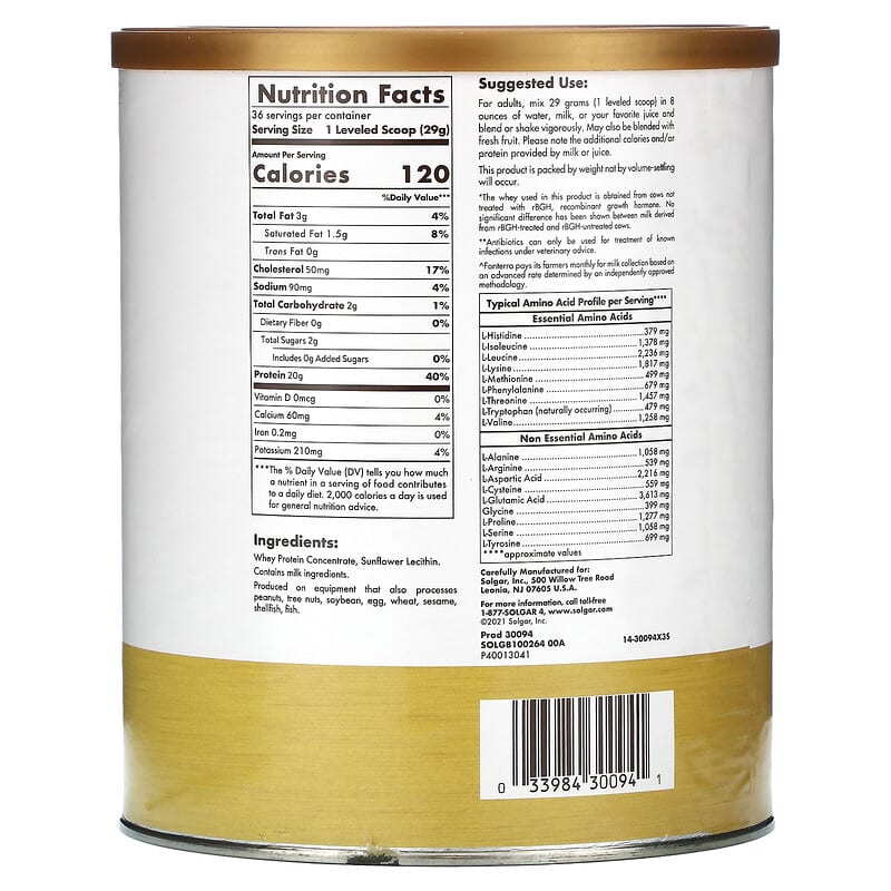 Solgar Grass Fed Whey To Go Protein Powder Unflavored 36.8 oz (1.044 g) 2 Thành phần vi chất của Solgar Grass Fed Whey To Go Protein Powder Unflavored 36.8 oz (1.044 g) 033984300941