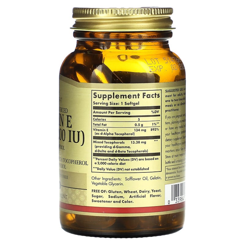 Solgar Naturally Sourced Vitamin E 134 mg (200 IU) 100 Softgels 2 Thành phần vi chất của Solgar Naturally Sourced Vitamin E 134 mg (200 IU) 100 Softgels 033984035010