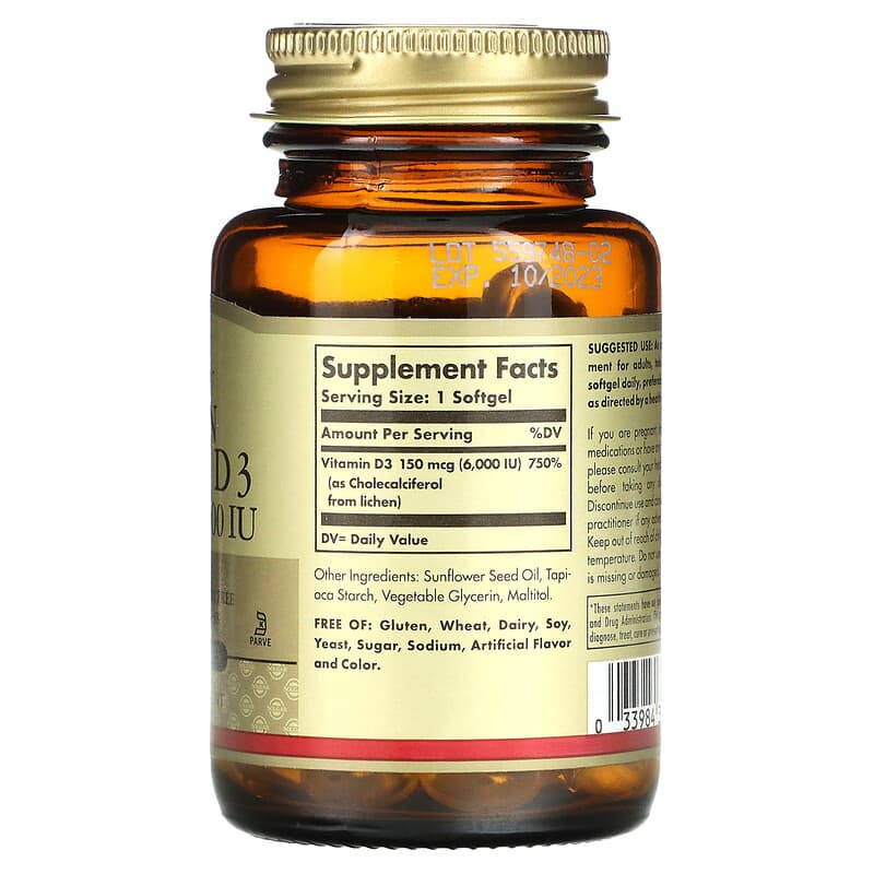 Solgar Vegan Vitamin D3 150 mcg / 6.000 IU 100 Vegan Softgels 2 Thành phần vi chất của Solgar Vegan Vitamin D3 150 mcg / 6.000 IU 100 Vegan Softgels 033984303355