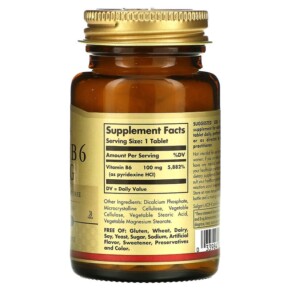 Thành phần vi chất của Solgar Vitamin B6 100 mg 100 Tablets 033984031203