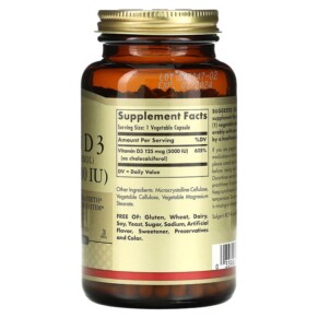 Thành phần vi chất của Solgar Vitamin D3 (Cholecalciferol) 125 mcg (5.000 IU) 240 Vegetable Capsules 033984033146