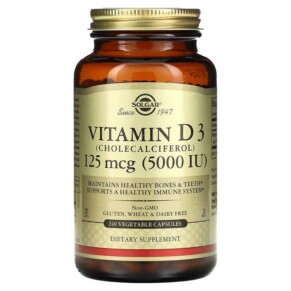 Thực phẩm chức năng Solgar Vitamin D3 (Cholecalciferol) 125 mcg (5.000 IU) 240 Vegetable Capsules 033984033146