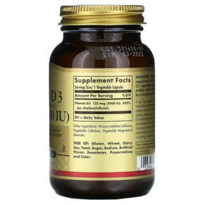 Thành phần vi chất của Solgar Vitamin D3 (Cholecalciferol) 125 mcg (5000 IU) 120 Vegetable Capsules 033984033139