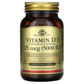 Thực phẩm chức năng Solgar Vitamin D3 (Cholecalciferol) 125 mcg (5000 IU) 120 Vegetable Capsules 033984033139