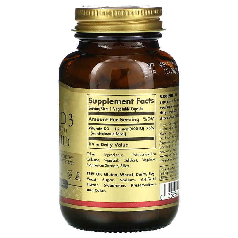 Solgar Vitamin D3 (Cholecalciferol) 15 mcg (600 IU) 120 Vegetable Capsules 2 Thành phần vi chất của Solgar Vitamin D3 (Cholecalciferol) 15 mcg (600 IU) 120 Vegetable Capsules 033984033191