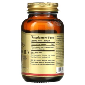 Thành phần vi chất của Solgar Vitamin D3 (Cholecalciferol) 250 mcg (10.000 IU) 120 Softgels 033984358720