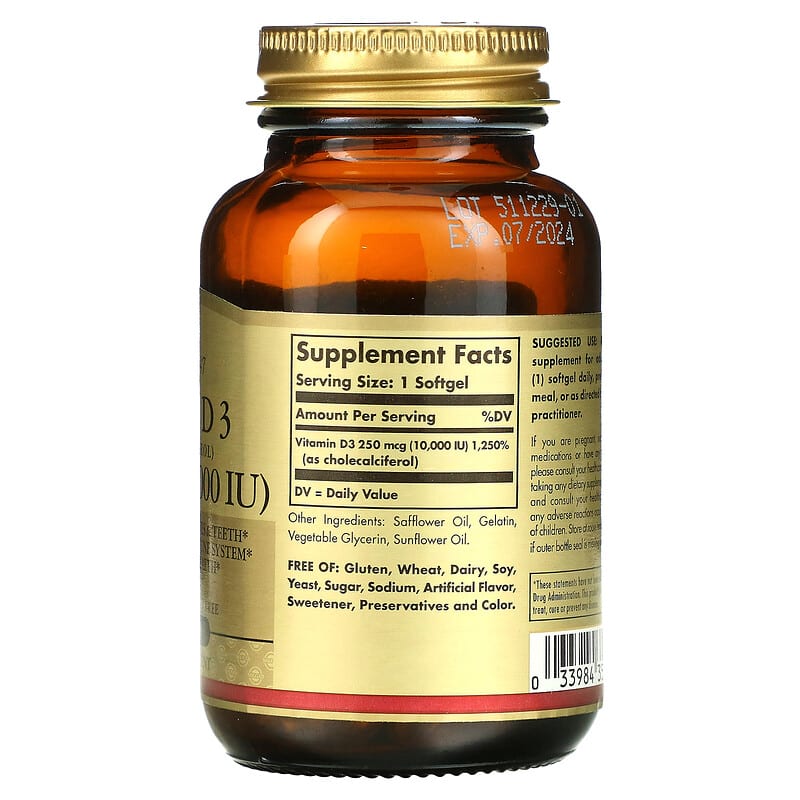 Solgar Vitamin D3 (Cholecalciferol) 250 mcg (10.000 IU) 120 Softgels 2 Thành phần vi chất của Solgar Vitamin D3 (Cholecalciferol) 250 mcg (10.000 IU) 120 Softgels 033984358720