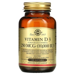 Thực phẩm chức năng Solgar Vitamin D3 (Cholecalciferol) 250 mcg (10.000 IU) 120 Softgels 033984358720