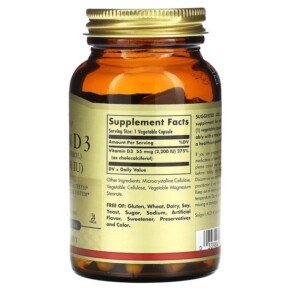 Thành phần vi chất của Solgar Vitamin D3 (Cholecalciferol) 55 mcg (2.200 IU) 100 Vegetable Capsules 033984033177