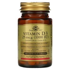 Thực phẩm chức năng Solgar Vitamin D3 Natural Strawberry Banana Swirl 25 mcg (1.000 IU) 100 Chewable Tablets 033984549562
