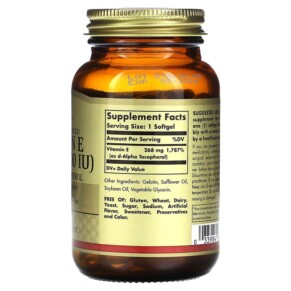 Thành phần vi chất của Solgar Vitamin E Naturally Sourced 268 mg (400 IU) 100 Softgels 033984035218
