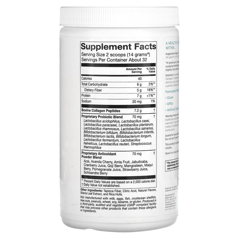 Solumeve Collagen with Probiotics and Superfruits Powdered Drink Mix Citrus 16 oz (454 g) 2 Thành phần vi chất của Solumeve Collagen with Probiotics and Superfruits Powdered Drink Mix Citrus 16 oz (454 g) 898220016525