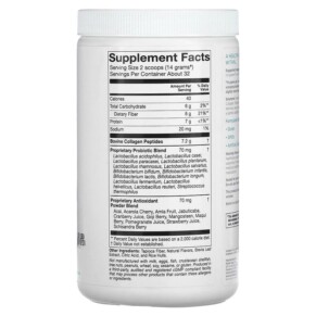 Thành phần vi chất của Solumeve Collagen with Probiotics and Superfruits Powdered Drink Mix Tropical Hibiscus 16 oz (454 g) 898220016549