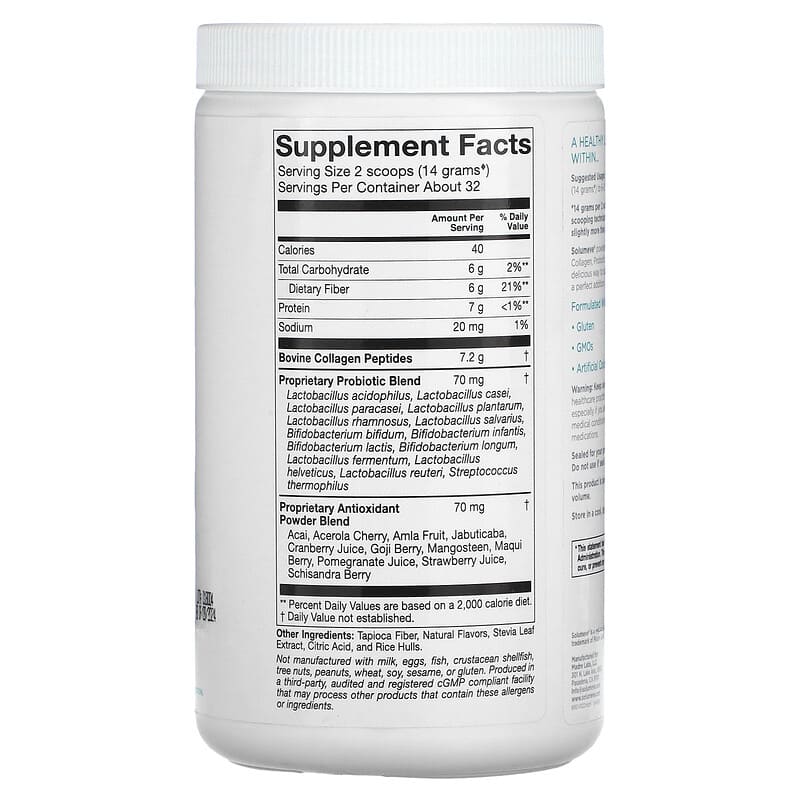 Solumeve Collagen with Probiotics and Superfruits Powdered Drink Mix Tropical Hibiscus 16 oz (454 g) 2 Thành phần vi chất của Solumeve Collagen with Probiotics and Superfruits Powdered Drink Mix Tropical Hibiscus 16 oz (454 g) 898220016549