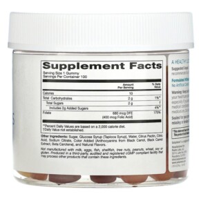 Thành phần vi chất của Solumeve Folic Acid Gummies Gelatin Free Assorted Flavors 100 Vegetarian Gummies 898220014385