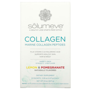 Thực phẩm chức năng Solumeve Marine Collagen Peptides Plus Vitamin C and Hyaluronic Acid Lemon and Pomegranate Variety Pack 10 Packets 0.19 oz (5.37 g) Each 898220013395