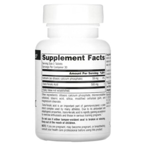 Thành phần vi chất của Source Naturals Athletic Series Trans-Ferulic Acid 250 mg 60 Tablets 021078008057