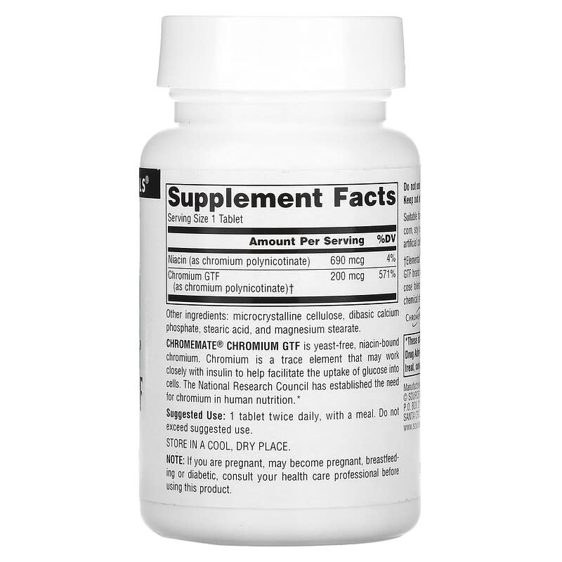 Source Naturals Chromemate Chromium GTF 200 mcg 240 Tablets 2 Thành phần vi chất của Source Naturals Chromemate Chromium GTF 200 mcg 240 Tablets 021078001072