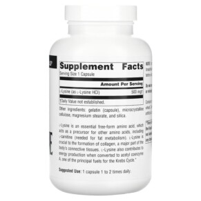 Thành phần vi chất của Source Naturals L-Lysine 500 mg 200 Capsules 021078015987