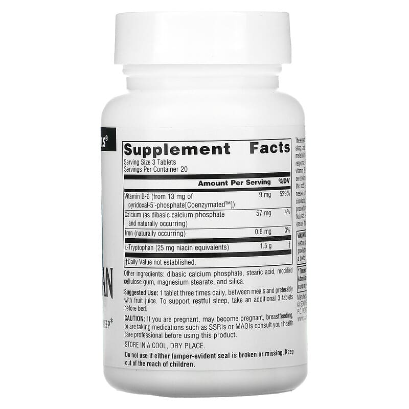 Source Naturals L-Tryptophan with Coenzyme B-6 500 mg 60 Tablets 2 Thành phần vi chất của Source Naturals L-Tryptophan with Coenzyme B-6 500 mg 60 Tablets 021078019879