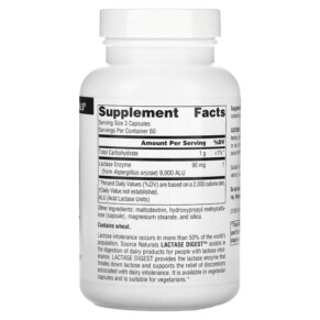 Thành phần vi chất của Source Naturals Lactase Digest 180 Capsules 021078023685
