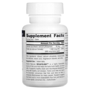 Thành phần vi chất của Source Naturals MegaFolinic 800 mcg 120 Tablets 021078020288