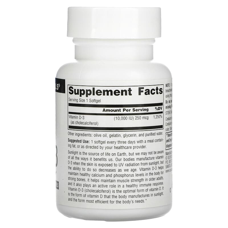 Source Naturals Vitamin D-3 10.000 IU (250 mcg) 120 Softgels 2 Thành phần vi chất của Source Naturals Vitamin D-3 10.000 IU (250 mcg) 120 Softgels 021078027928